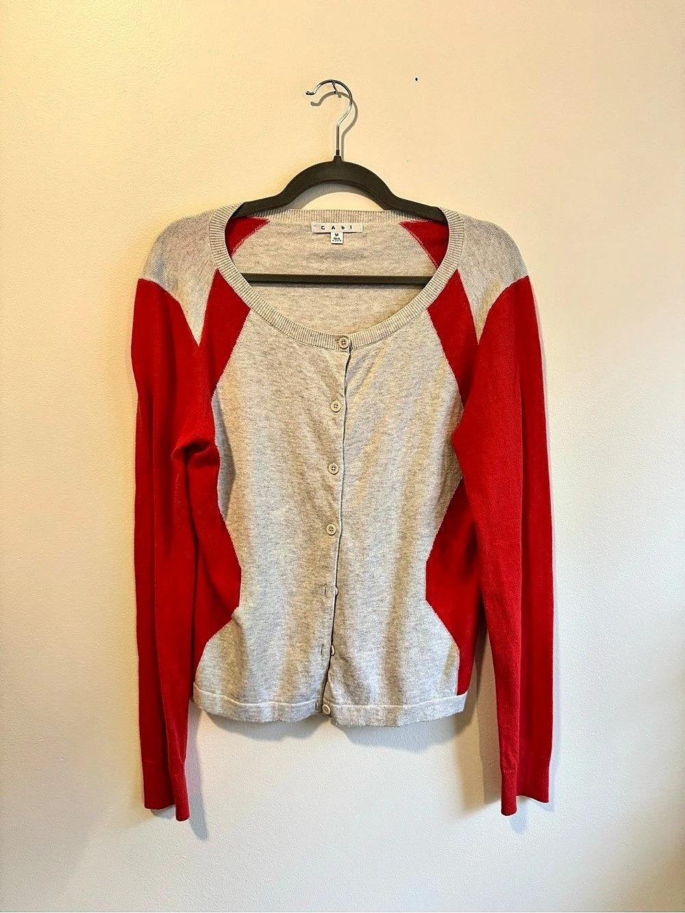 CAbi Color Block Button Front Cardigan in Gray & Red Size Medium